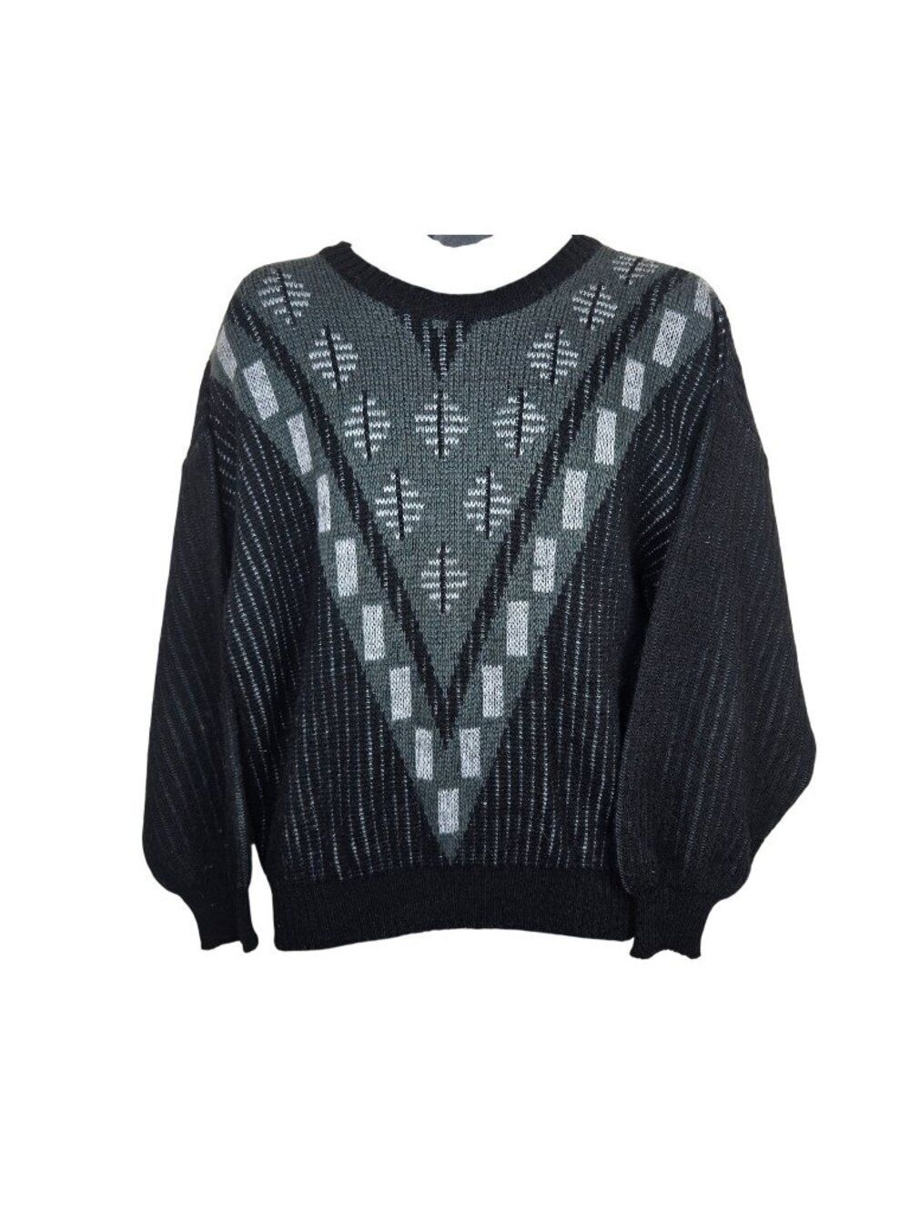 Vintage 80s Plaza Black Gray Geometric Knit Sweater Mens M Crewneck